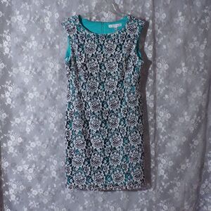 Floral Shift Dress Size 14 Teal White Black Lace Pencil Pinup Retro Style Boho